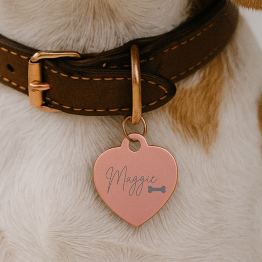 Heart-shaped rose gold pet tag with sample name "Maggie" and bone icon, attached to brown leather collar on dog fur