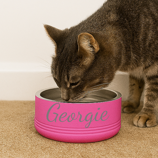 Tabby cat eating from a bright pink pet bowl with "Georgie" engraved as a sample personalization