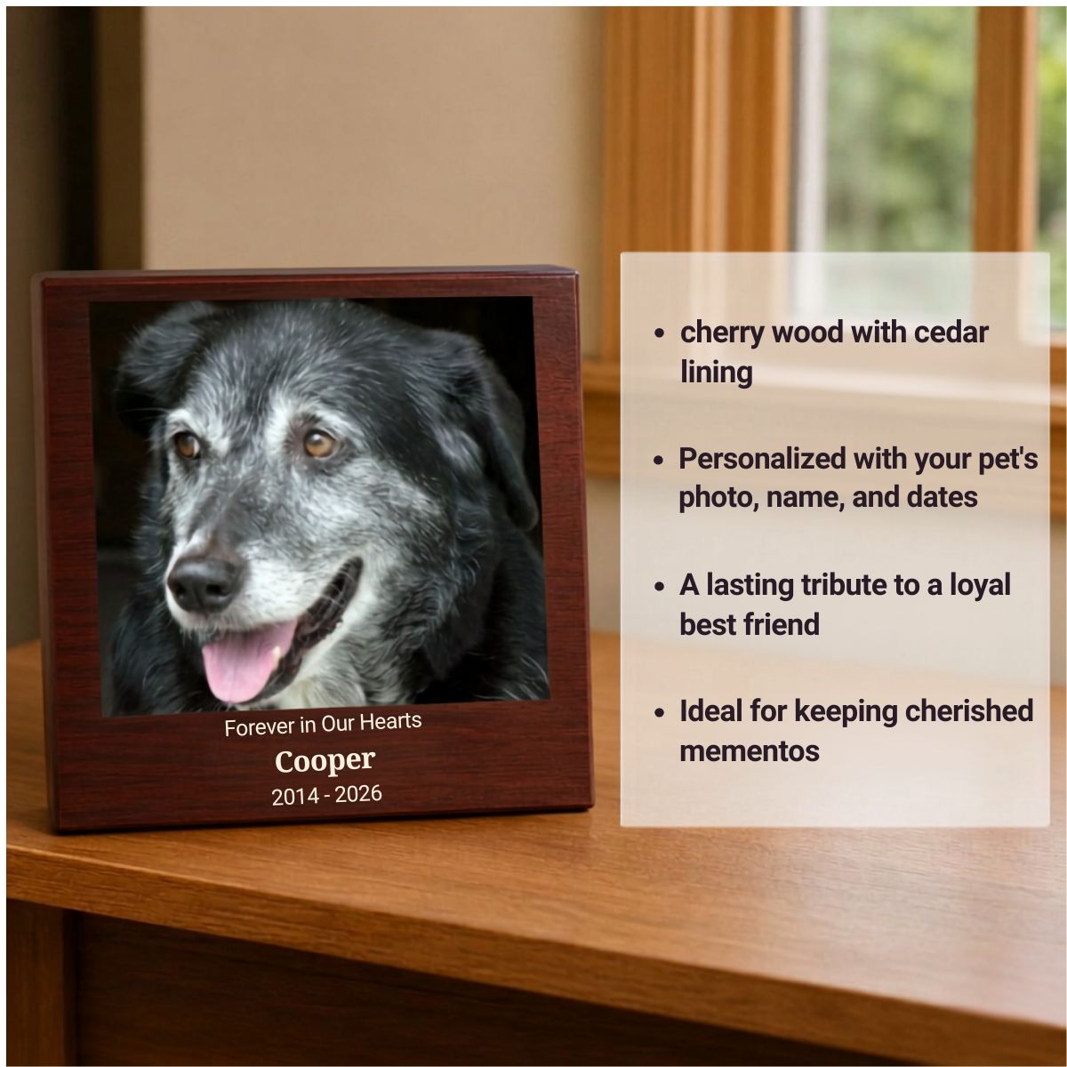 Pet memorial keepsake box printed with a senior dog's photo and the name Cooper, with callouts for cherry wood, cedar lining and photo, name and date personalization