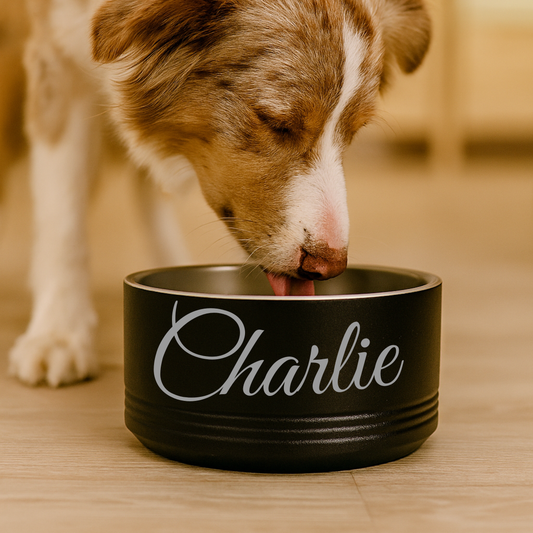 Dog drinking from a black personalized stainless steel dog bowl engraved with the name Charlie