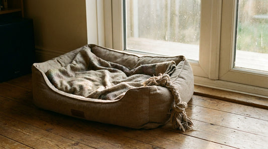 An empty dog bed with a rumpled blanket and a worn rope toy beside a sunlit window in a quiet home after the loss of a pet