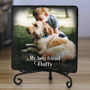 Custom pet photo plaque with personalized text and iron display stand