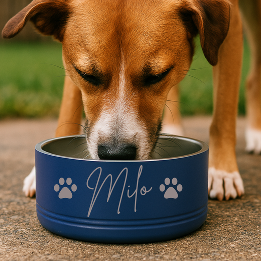 Brown and white dog eating from a navy pet bowl engraved with sample name "Milo" and paw print designs.