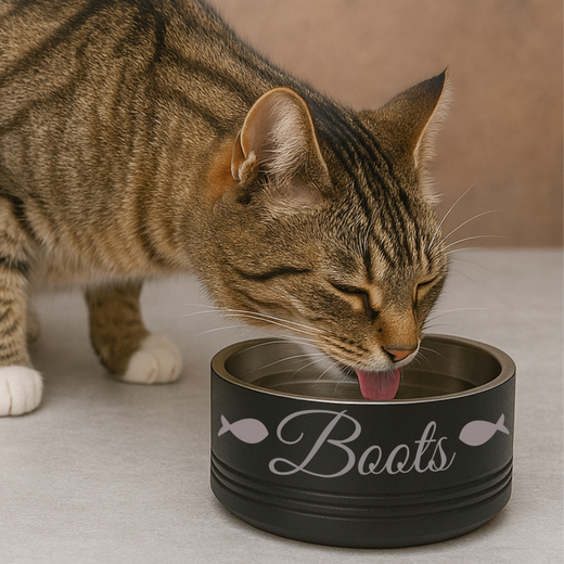 Tabby cat eating from a black pet bowl with sample name "Boots" engraved on the side with fish designs