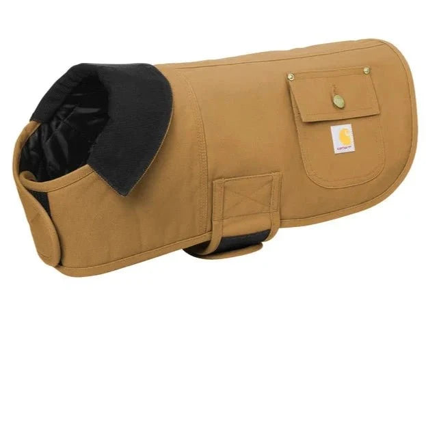 Personalized Carhartt dog coat shown from the side with its corduroy-trimmed collar, chest strap and Carhartt label pocket