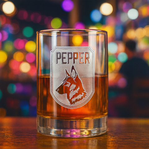 Personalized pint glass with "Pepper" engraved above a German Shepherd dog illustration, filled with amber liquid against colorful bokeh background.