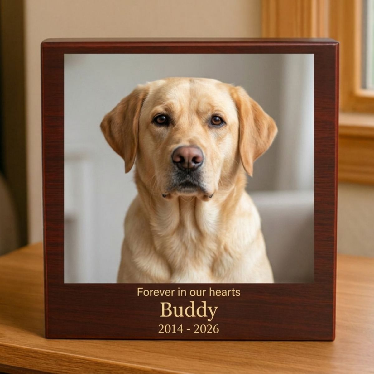 Rainbow Bridge pet memorial keepsake box in cherry wood, printed with a photo of a yellow Labrador, the words Forever in our hearts, the name Buddy and the years 2014 to 2026