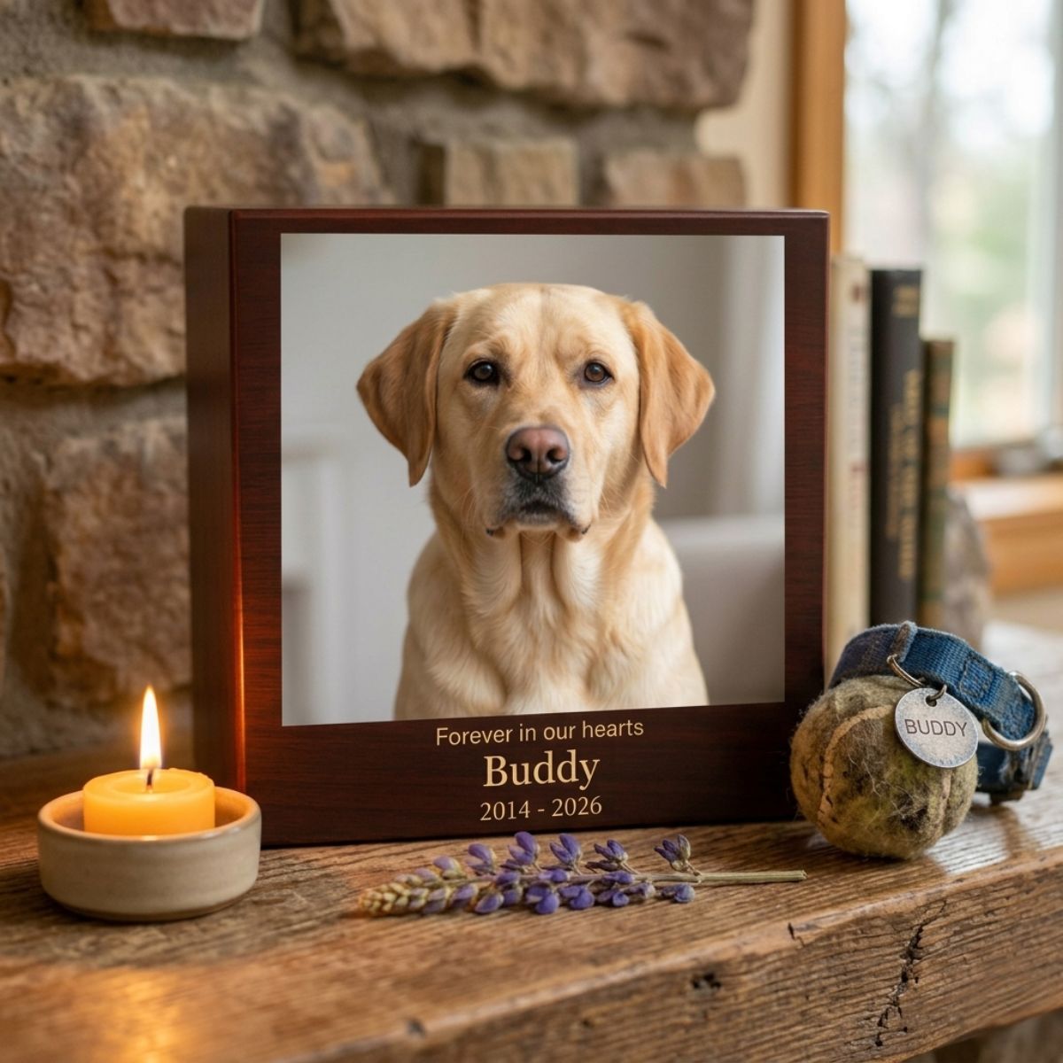 Cherry wood pet keepsake box with a Labrador's photo and name on a mantel, next to a candle, lavender, a worn tennis ball and a blue collar with a Buddy tag