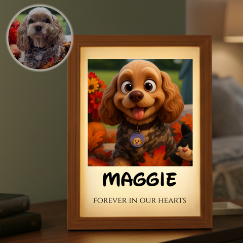 Framed pet memorial light box with animated brown dog illustration among fall flowers, personalized with name "Maggie" and text "Forever in Our Hearts," with photo sample in upper left corner.