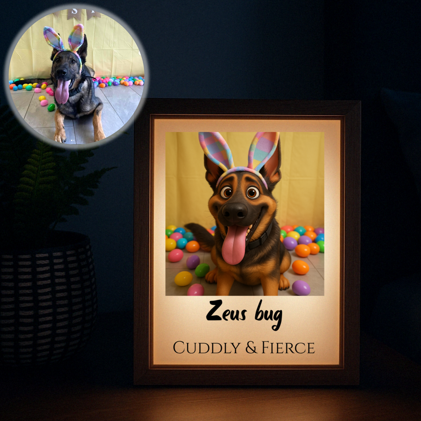 Framed light box displaying animated dog wearing rainbow bunny ears with colorful balls, personalized with sample name "Zeus bug" and text "Cuddly & Fierce," with reference photo in circular inset above.