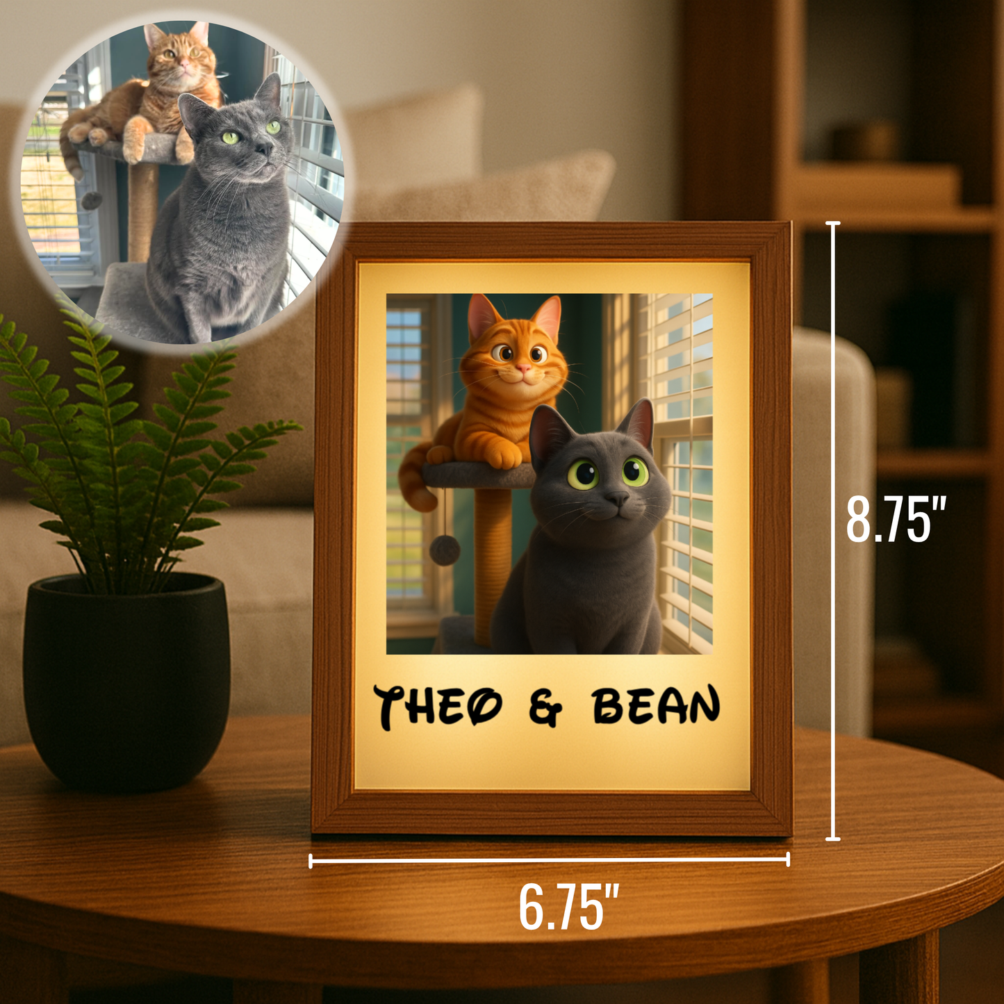 Framed light box with wood border displaying animated cats with sample names "Theo & Bean" printed below, shown with dimensions and circular photo sample above