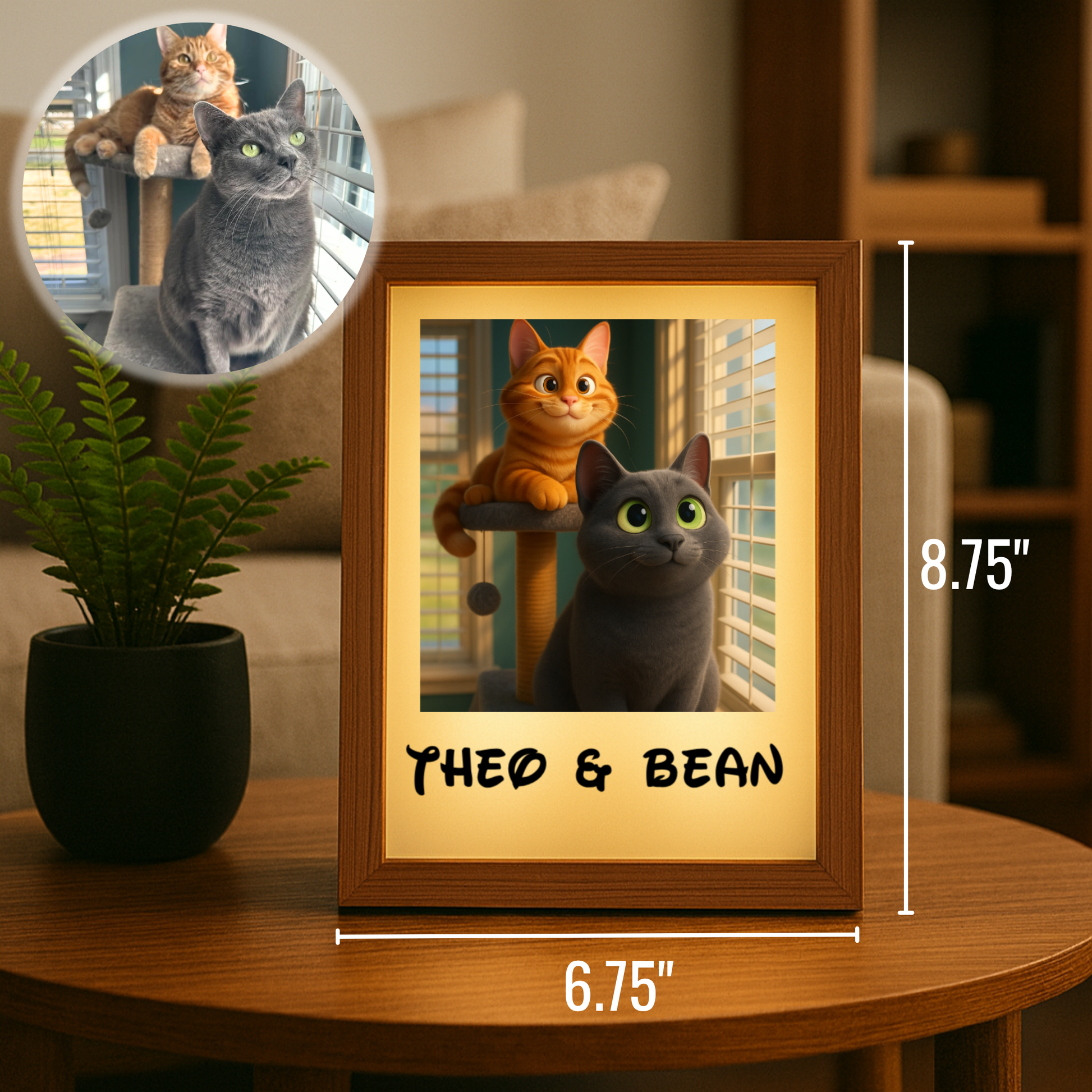 Framed light box with wood border displaying animated cats with sample names "Theo & Bean" printed below, shown with dimensions and circular photo sample above