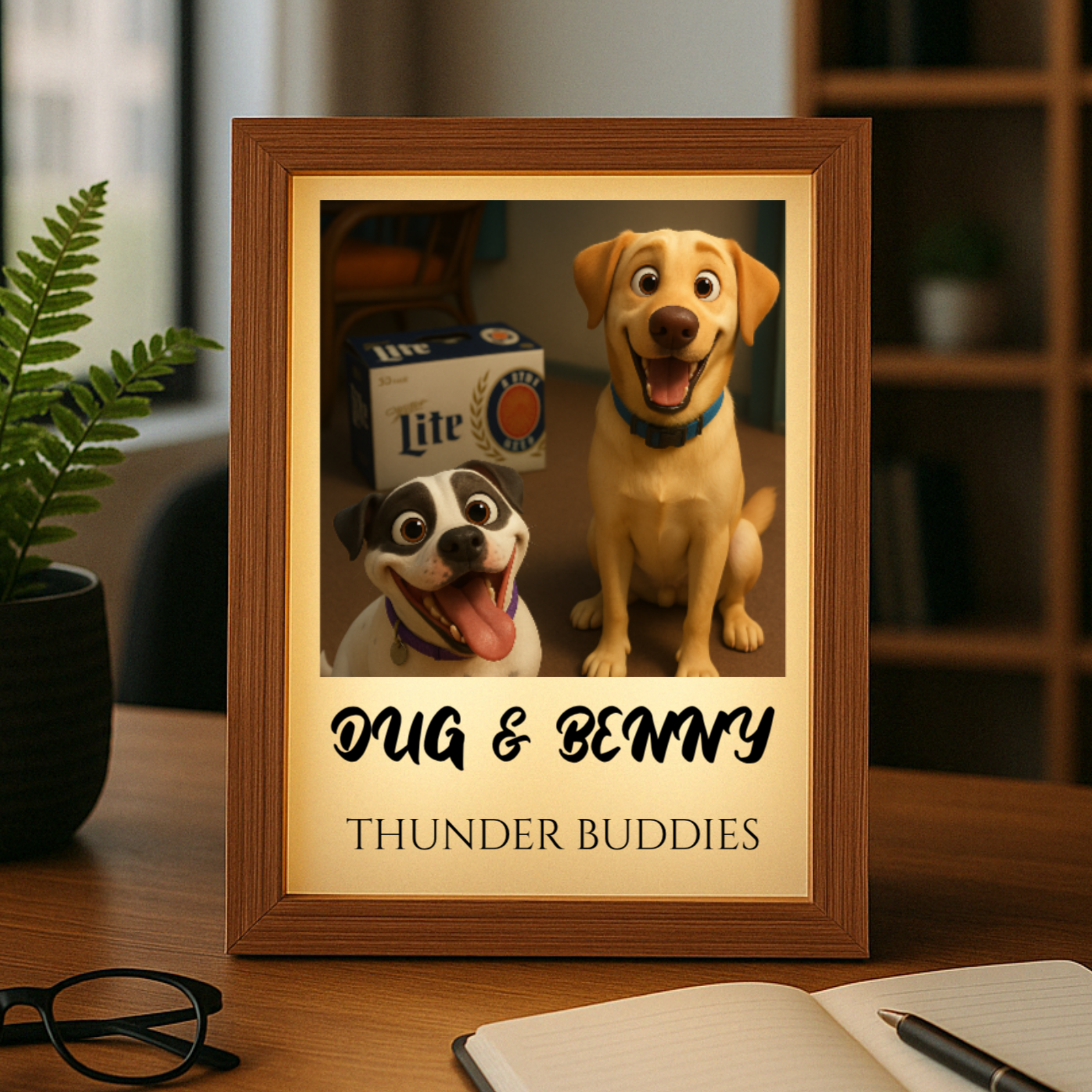 Framed light box with sample names "Doug & Benny" and "Thunder Buddies" displaying two animated dogs next to a beer box, set on wooden desk with plant and notebook nearby.