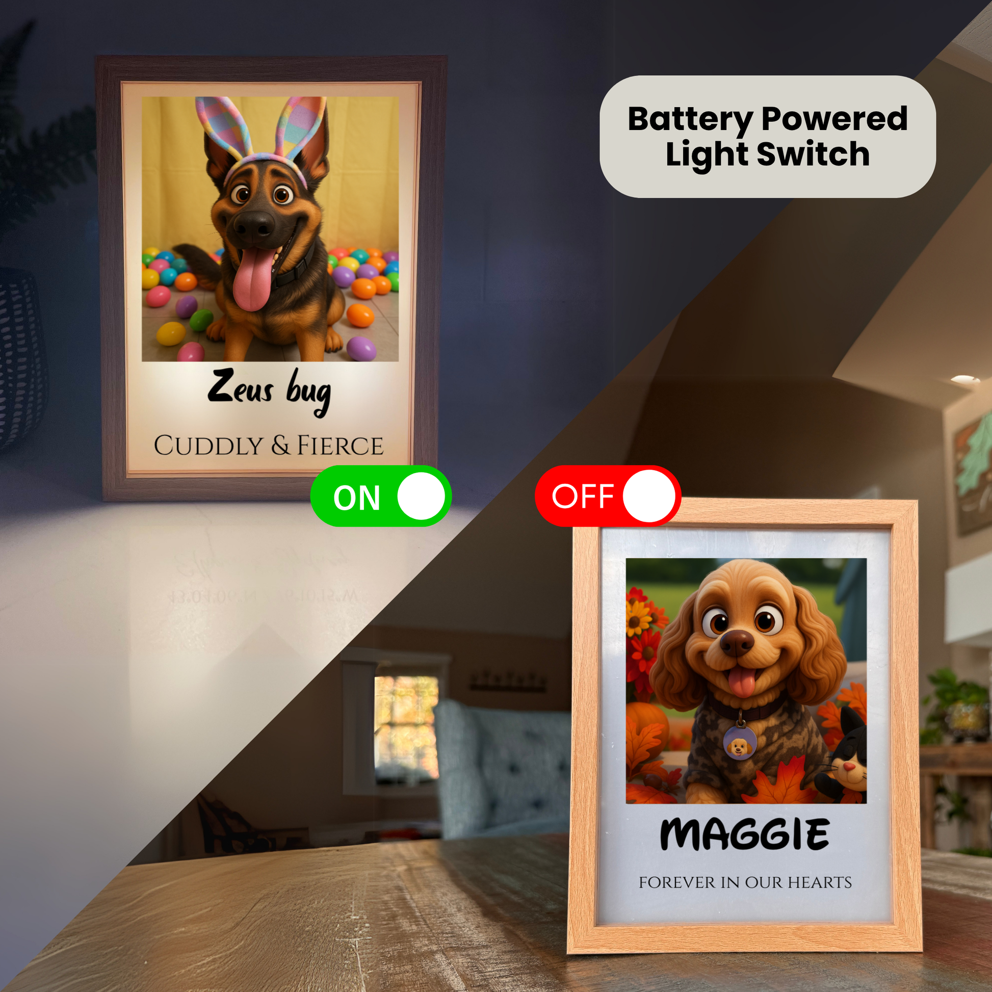 Two framed pet photo light boxes with sample personalized dog images and names, one showing battery-powered on and off switches for illumination