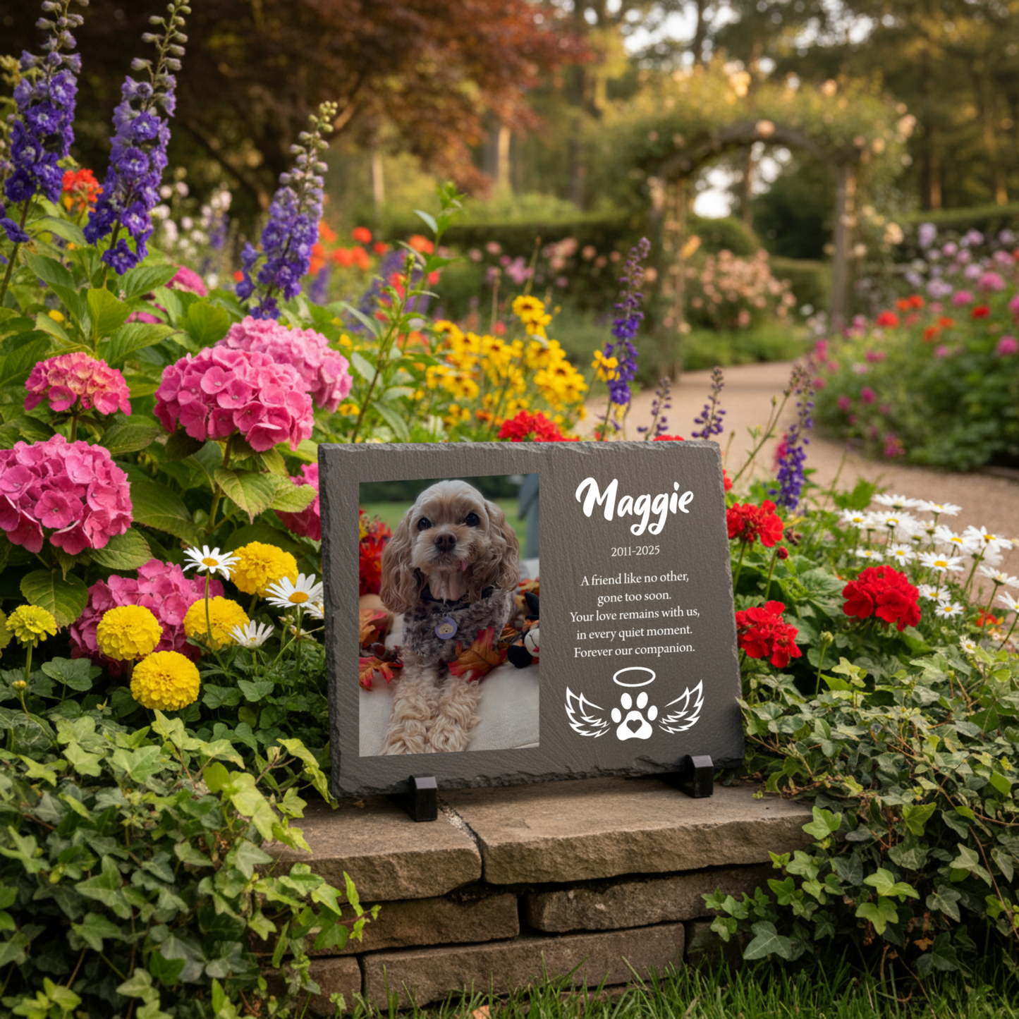 Black slate pet memorial plaque with a photo window, the name Maggie, dates, a memorial message and a winged paw icon, displayed in a garden