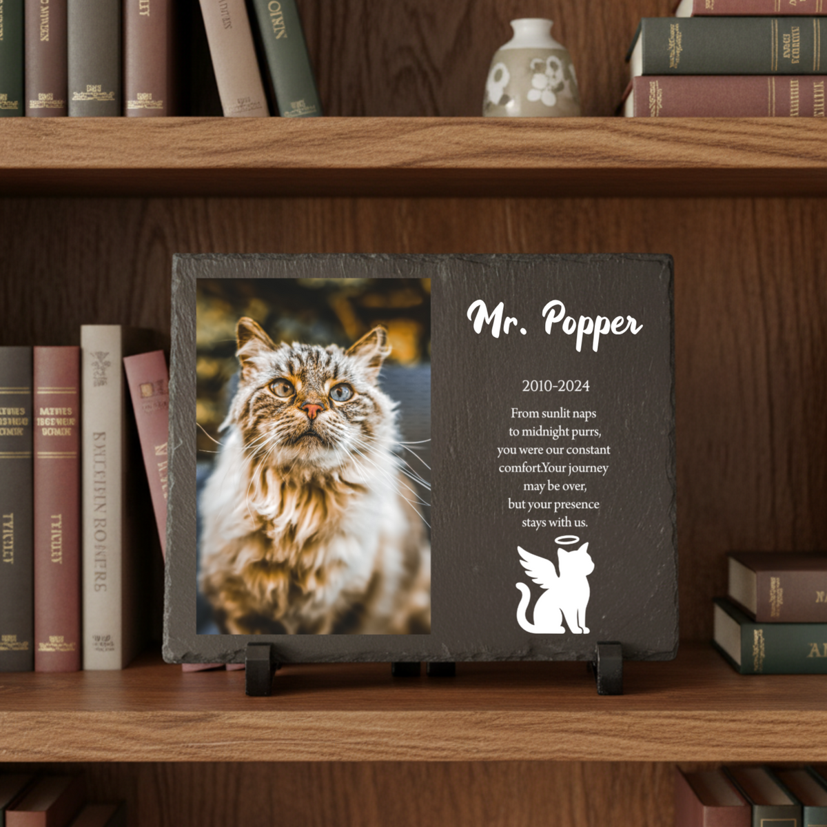 Slate pet memorial plaque personalized with a cat's photo, the name Mr. Popper, the dates 2010 to 2024 and a tribute with a cat angel silhouette