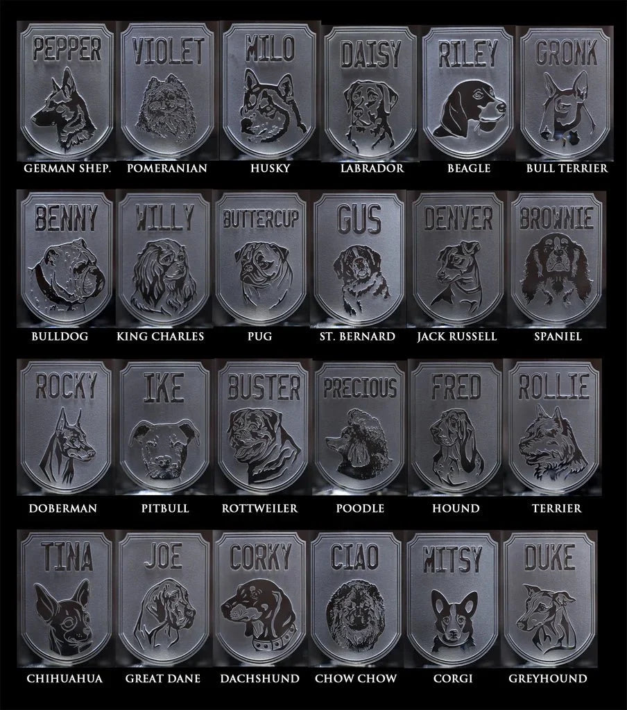 Grid of twenty-four sand carved breed shields with sample names, from German Shepherd and Labrador to Corgi, Dachshund and Greyhound