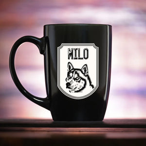 Personalized coffee mug featuring a deeply carved dog breed image and pet's name.