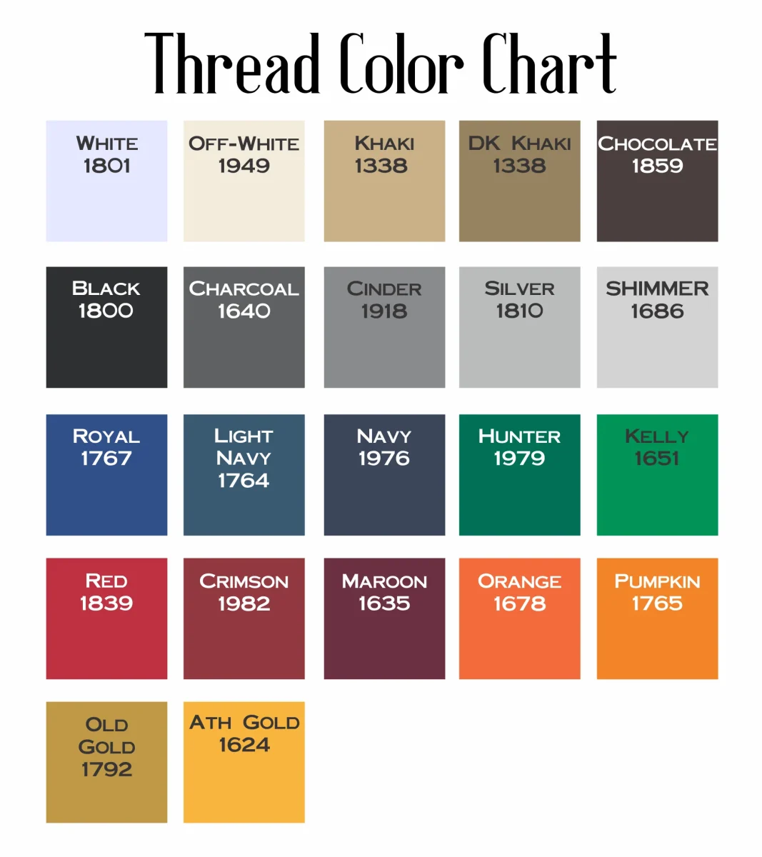 Thread color chart for the embroidered dog name, twenty-two thread colors from white and khaki to navy, hunter, red and old gold