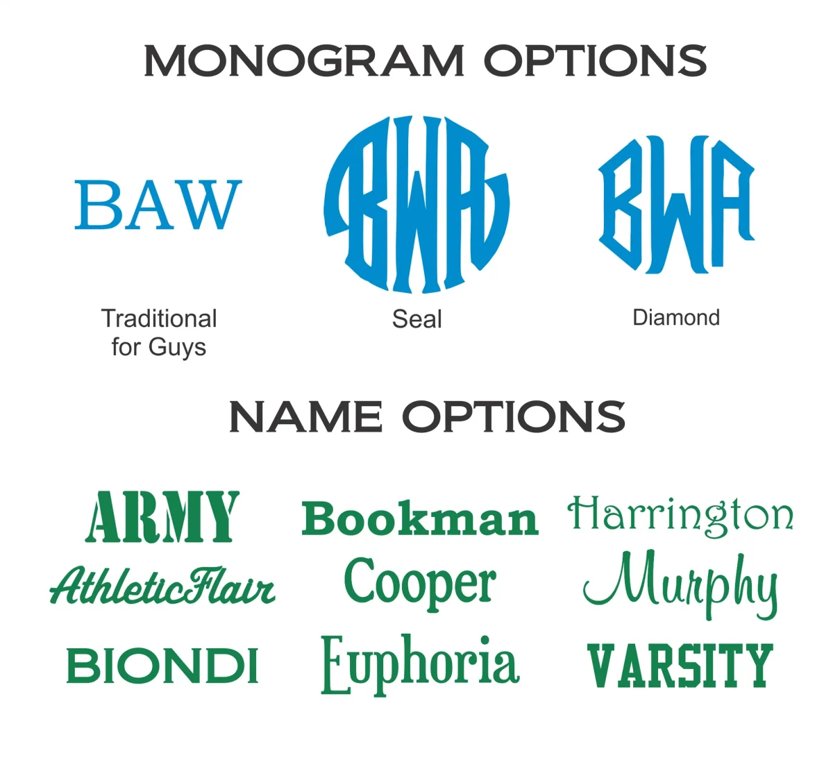 Font options for the embroidered dog coat, three monogram styles for initials and nine name fonts including Army, Bookman and Varsity