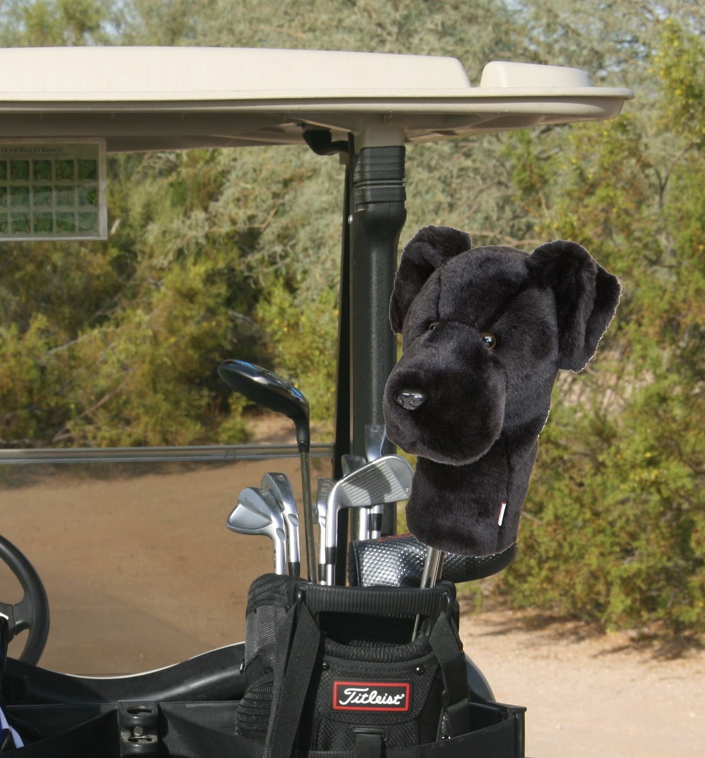 Dog head cover on golf clubs