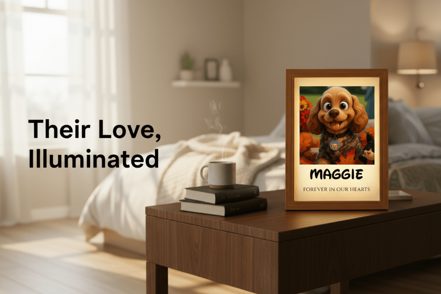 Framed personalizedpet  picture of a dog named Maggie on a table in a bedroom with '