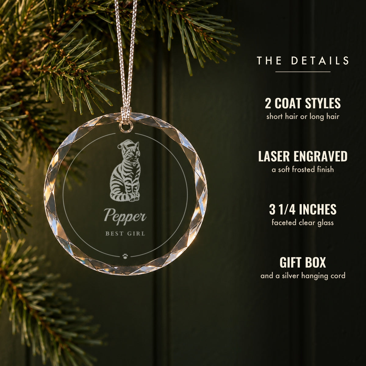 Details of the personalized cat ornament: short hair or long hair coat, frosted laser engraving, 3 1/4 inch faceted glass, gift box, cat named Pepper