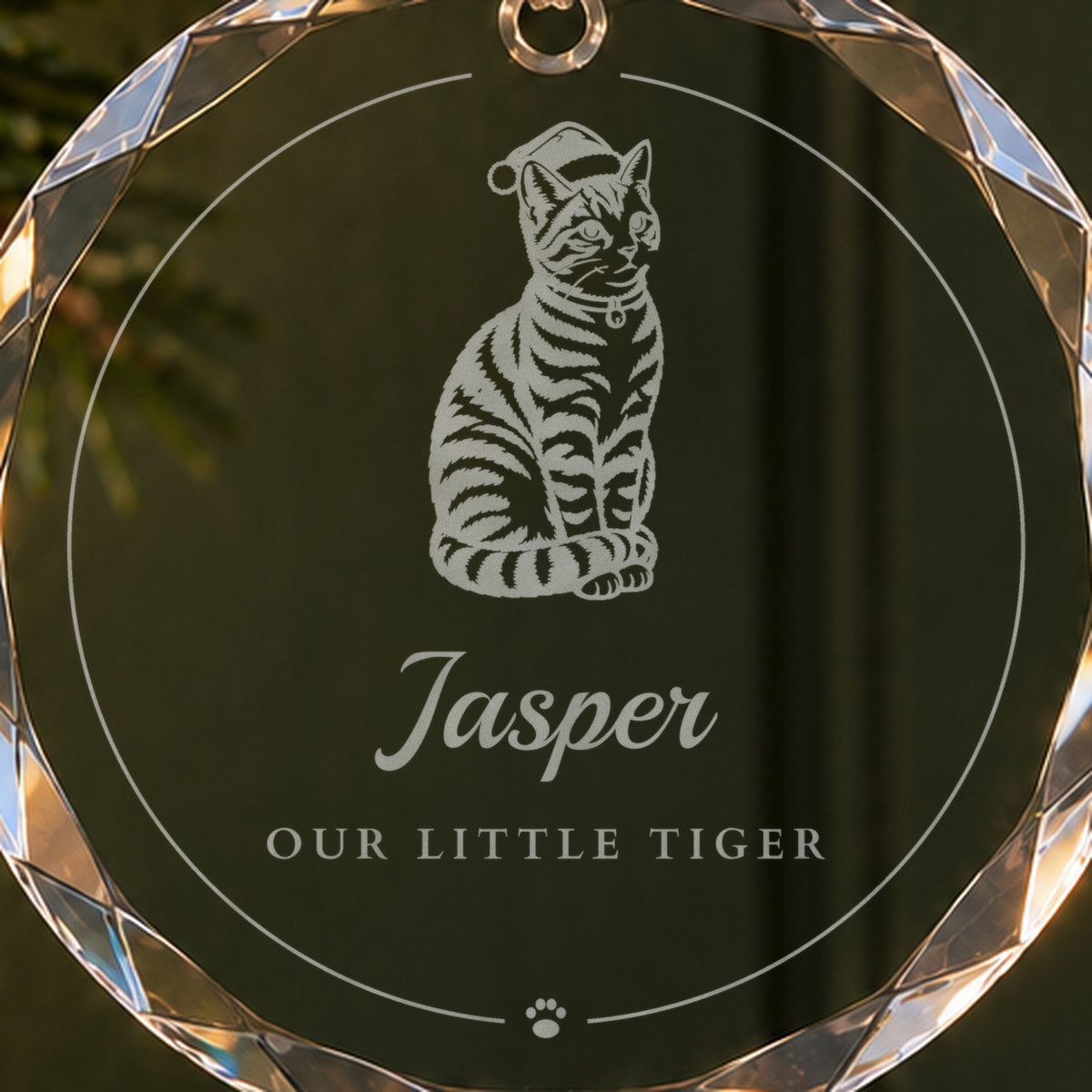 Close-up of the frosted engraving on a personalized cat Christmas ornament: a striped tabby in a Santa hat above Jasper and Our Little Tiger