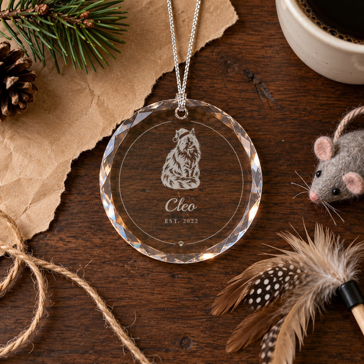 Personalized cat ornament on brown kraft paper beside a felt toy mouse and a feather wand, engraved with a long-hair cat named Cleo and Est. 2022