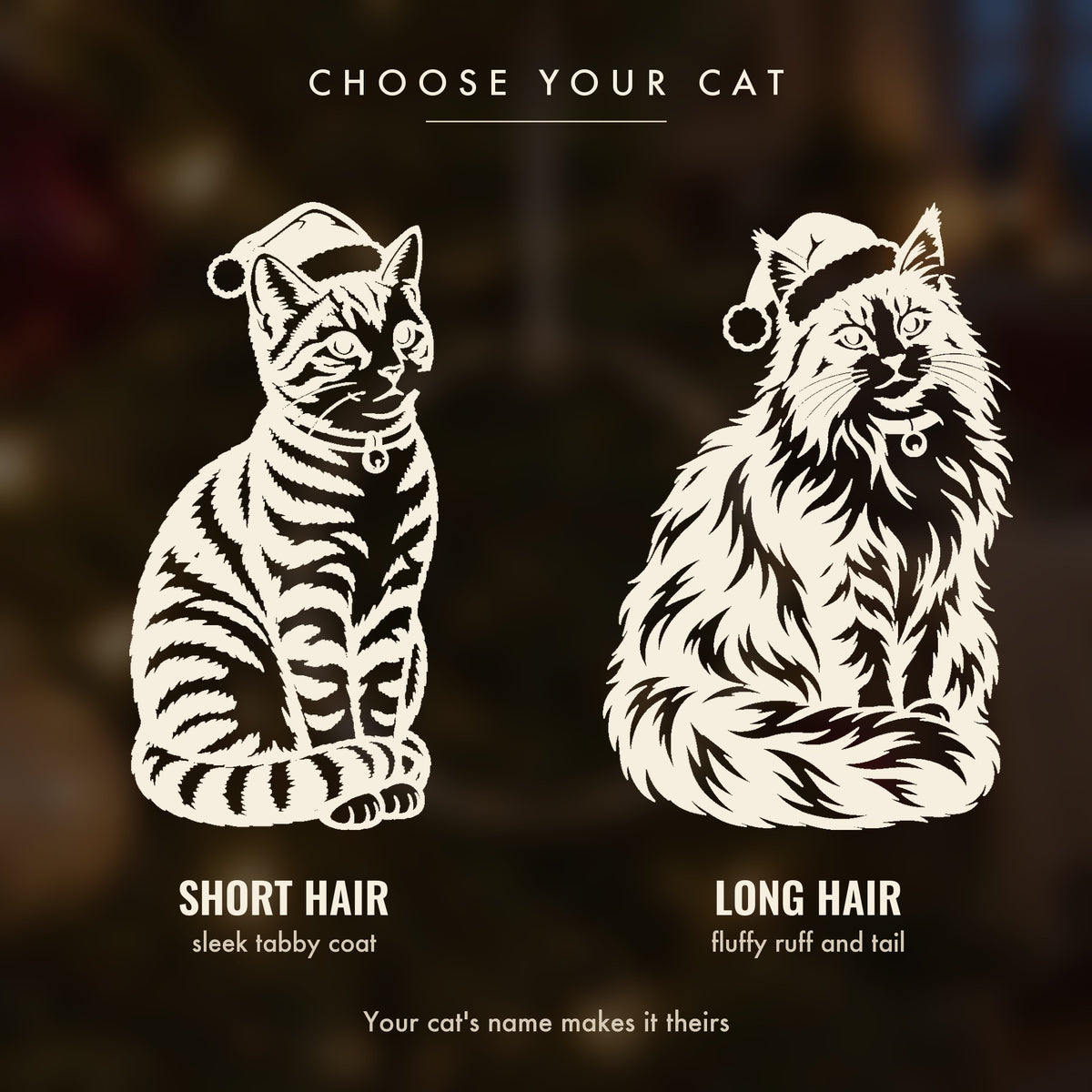 The two coat styles for the personalized cat Christmas ornament: a short-hair tabby cat and a fluffy long-hair cat, each wearing a Santa hat