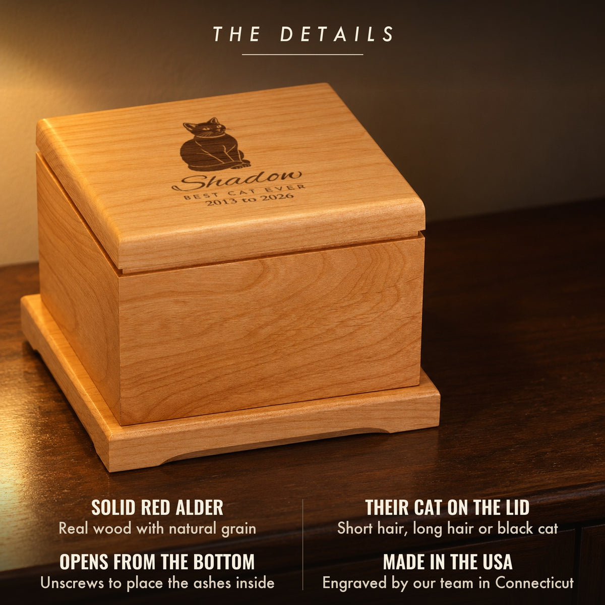 Details of the personalized cat urn: solid red alder, a black cat drawing with Shadow engraved on the lid, three cat drawings to choose from, opens from the bottom