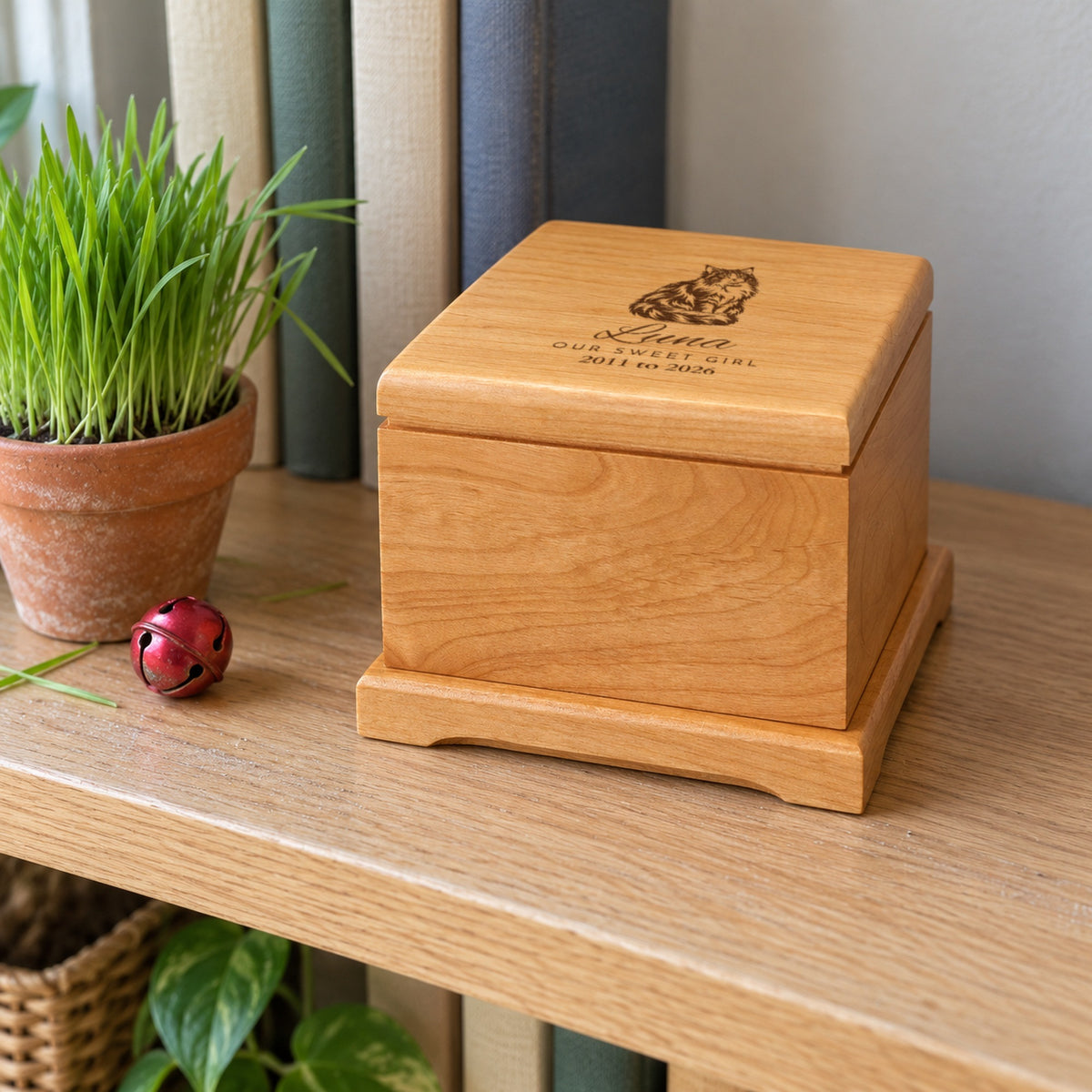 Engraved wooden cat urn for ashes on an oak bookshelf beside cat grass and a red jingle ball, the lid showing a long hair cat with Luna and Our Sweet Girl