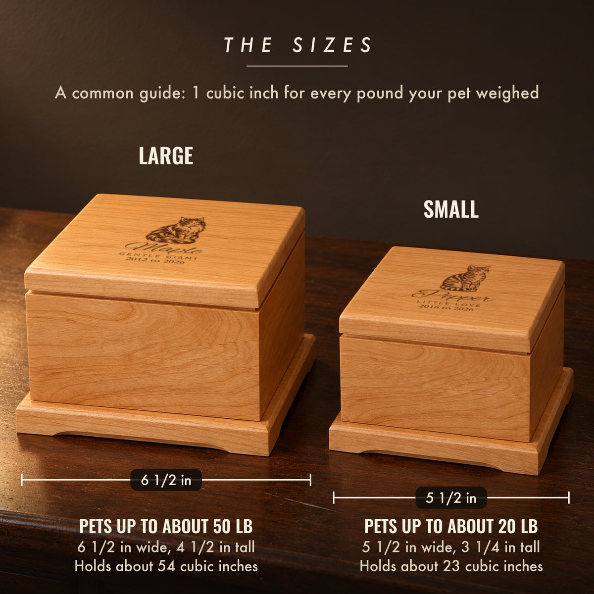 Small and large personalized cat urns side by side: a long hair cat on the large 6 1/2 inch urn and a tabby on the small 5 1/2 inch urn for cats up to 20 lb
