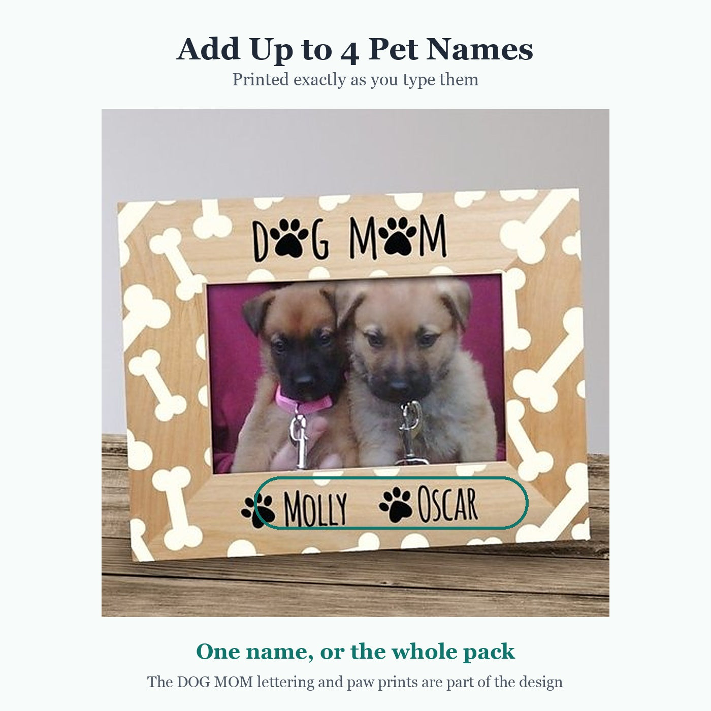 Dog mom picture frame with the personalized name band circled, showing where up to four pet names print along the bottom of the wood frame