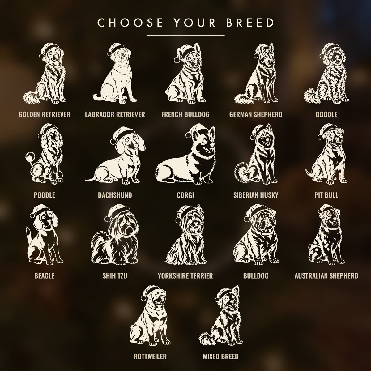All 17 breeds for the personalized dog Christmas ornament, from golden retriever and French bulldog to Yorkshire terrier, corgi and mixed breed