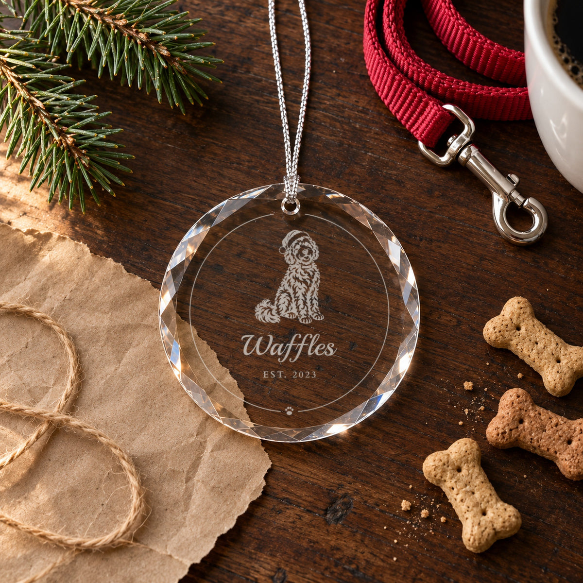Personalized dog ornament on brown kraft paper beside a red leash and dog biscuits, engraved with a doodle named Waffles and Est. 2023