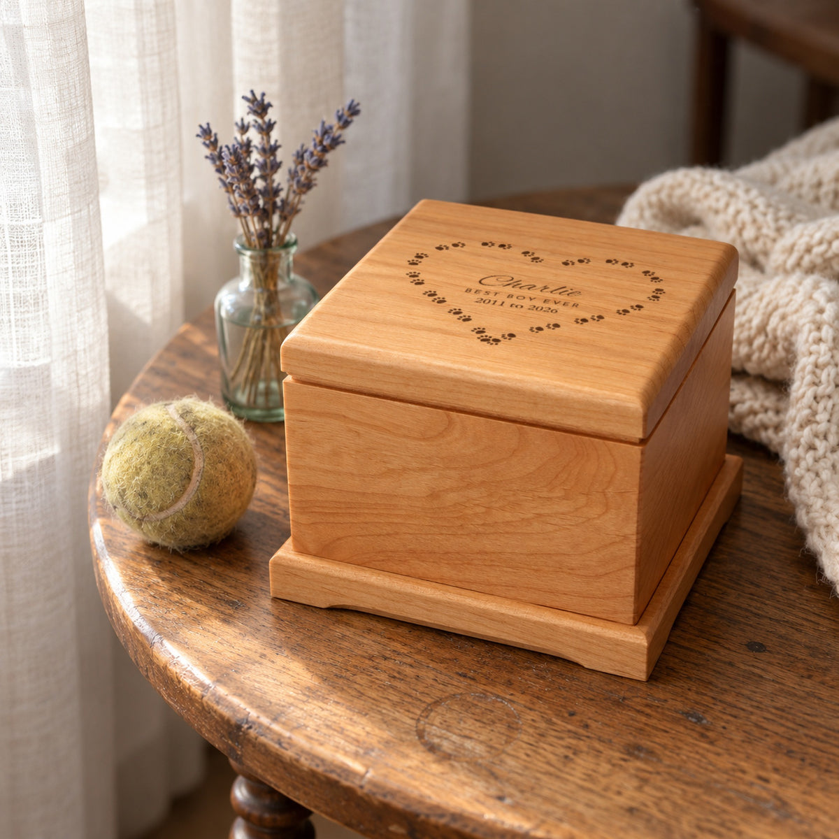 Engraved wooden dog urn for ashes on a side table by a window with lavender and a worn tennis ball, the lid reading Charlie, Best Boy Ever, 2011 to 2026