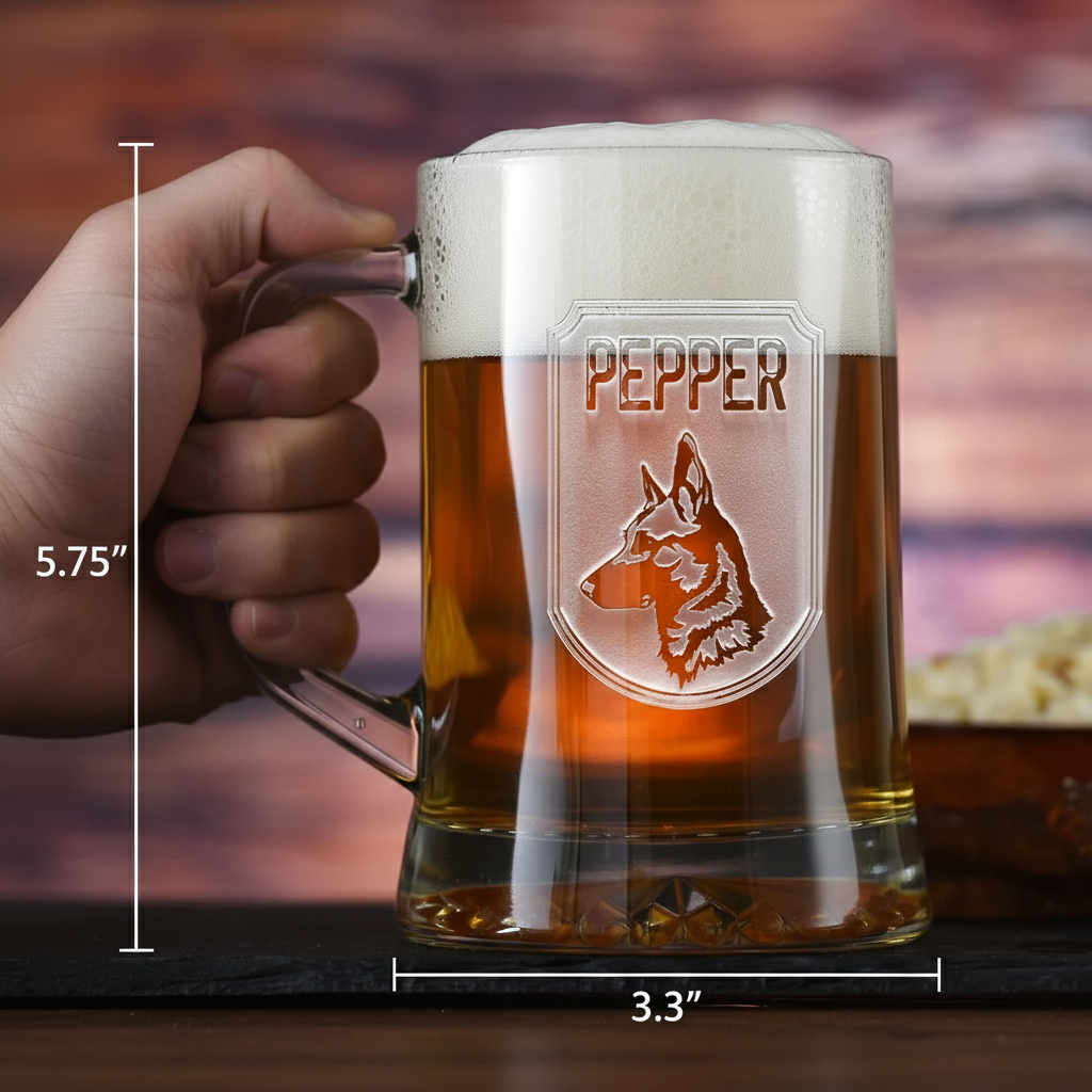 Hand holding the Top Dog beer mug with its carved breed shield, marked 5.75 inches tall and 3.3 inches wide