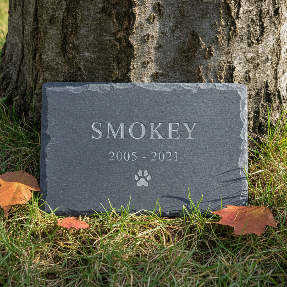 Engraved slate dog memorial marker resting on grass at the base of a tree, showing the sample pet name Smokey, the years beneath it and a paw print