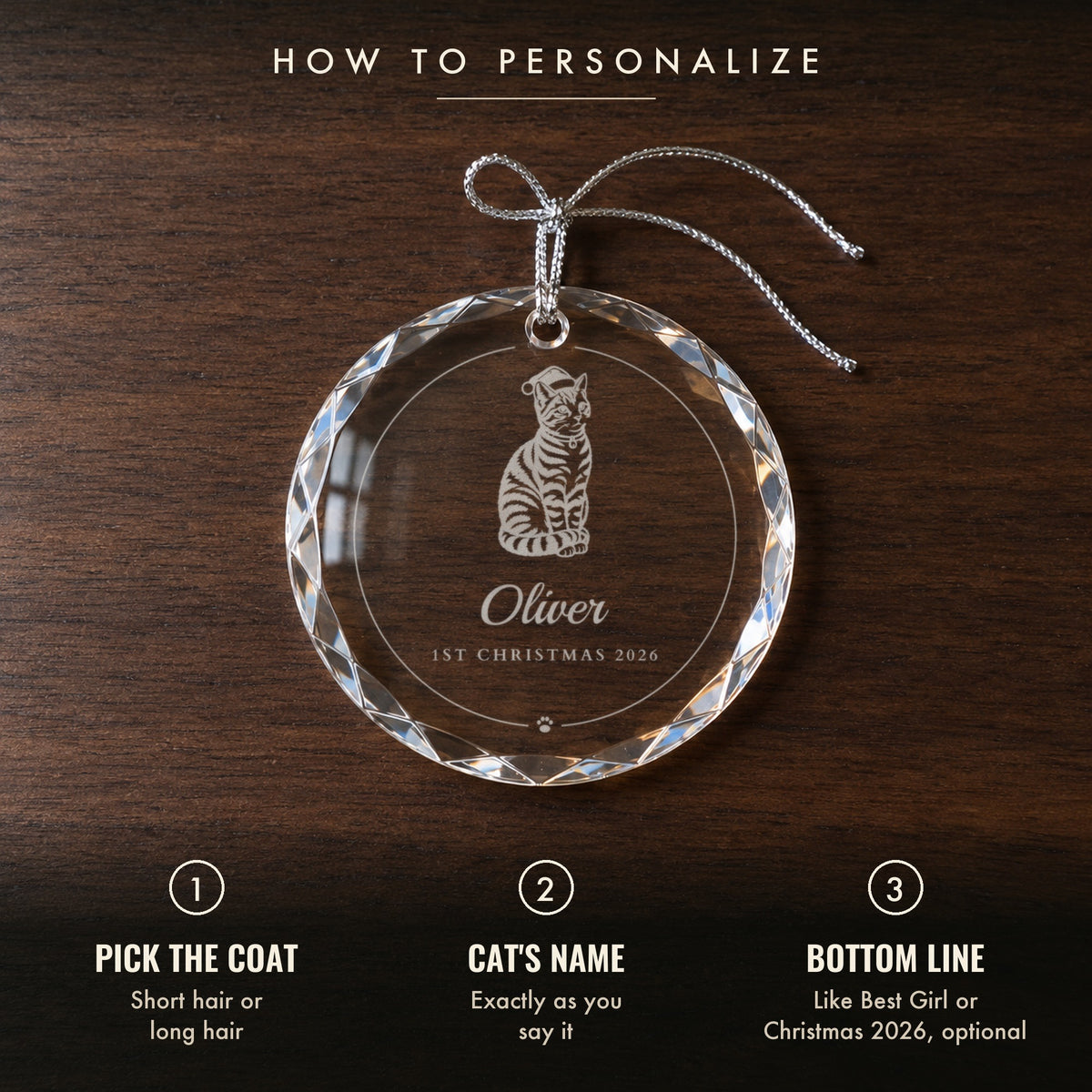 How to personalize the cat ornament: pick short hair or long hair, type your cat's name, add an optional bottom line, shown on a tabby named Oliver