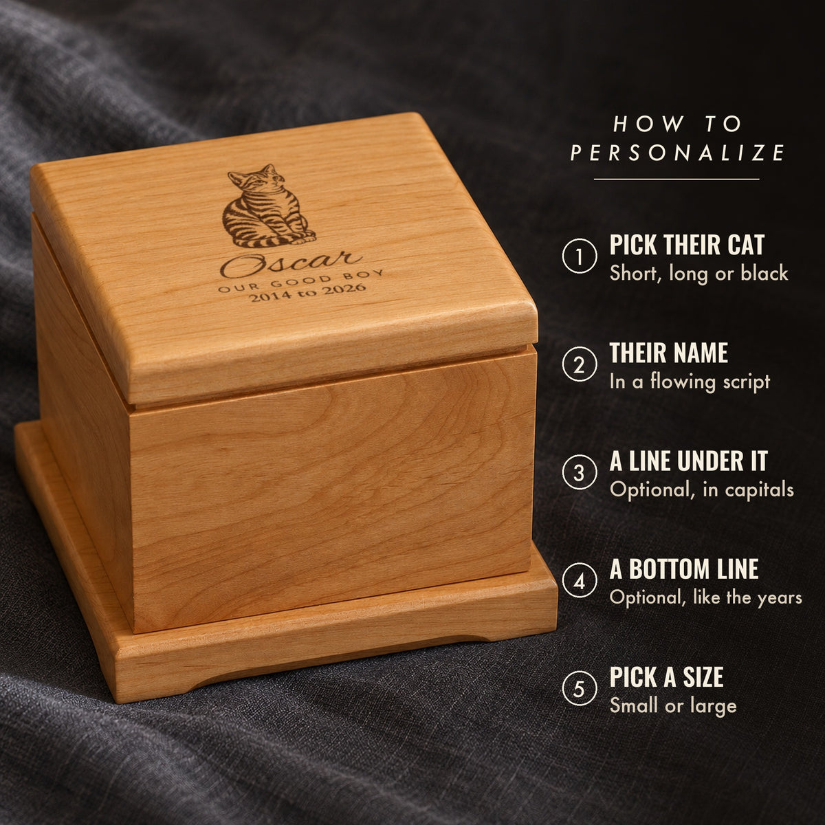 How to personalize the cat urn: pick their cat drawing, add their name, an optional line and bottom line, then pick a size, shown with a tabby for Oscar