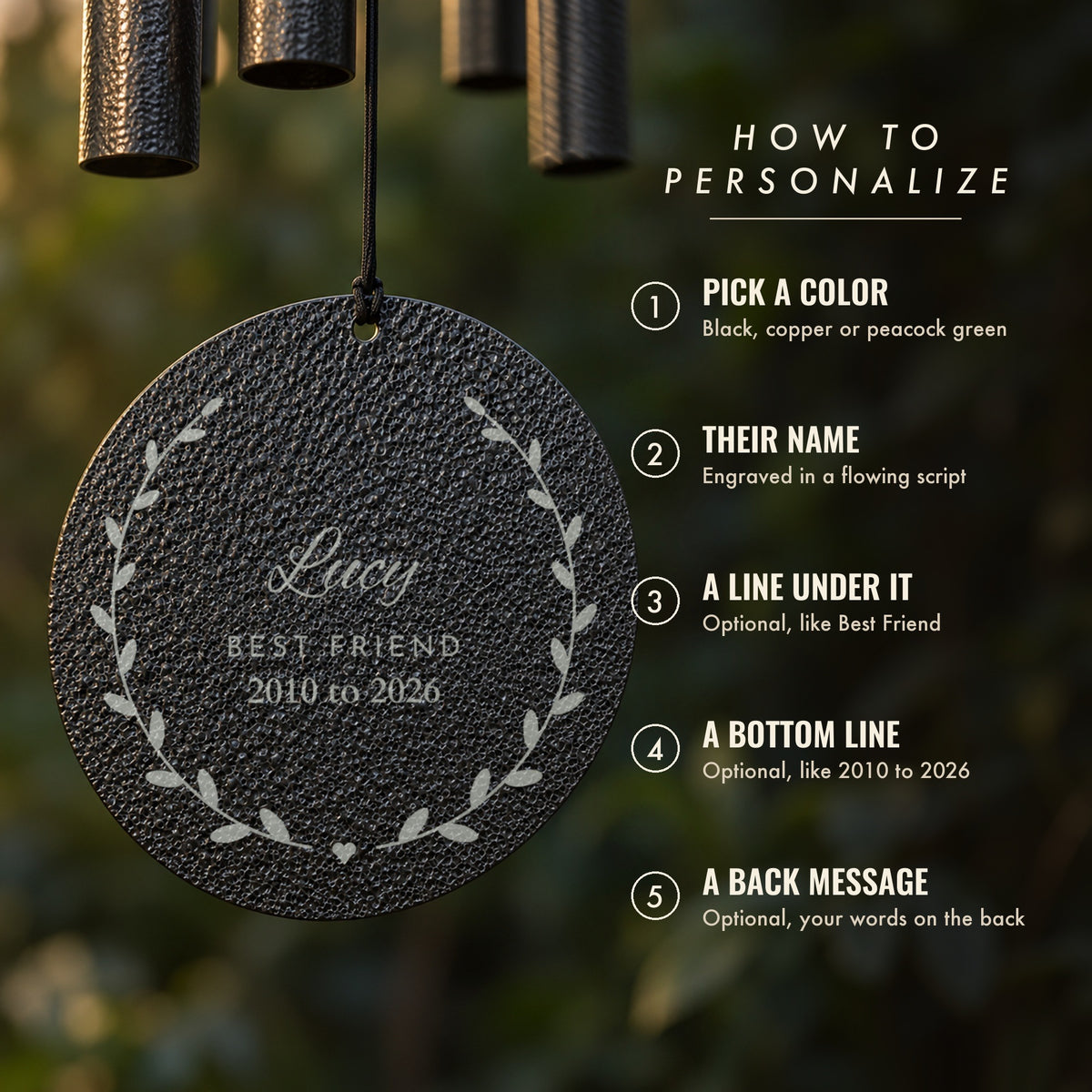 How to personalize the pet memorial wind chime: pick a color, add your pet's name, a line under it, a bottom line and a back message, shown for Lucy