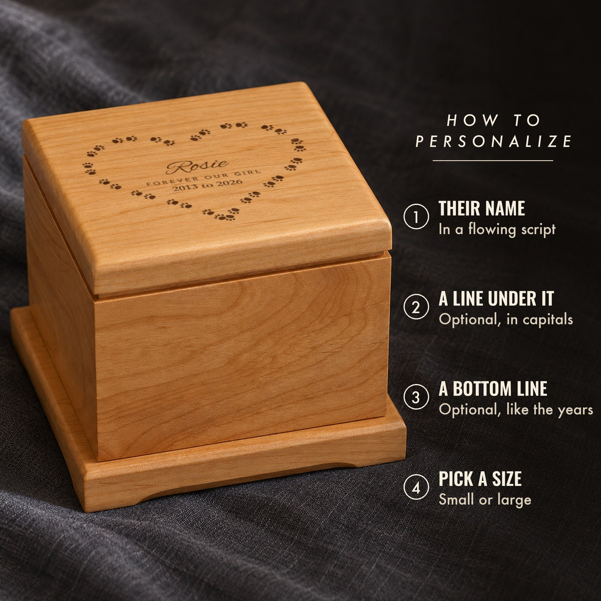 How to personalize the pet urn: add your pet's name, an optional line under it and an optional bottom line, then pick a size, shown on an urn engraved for Rosie