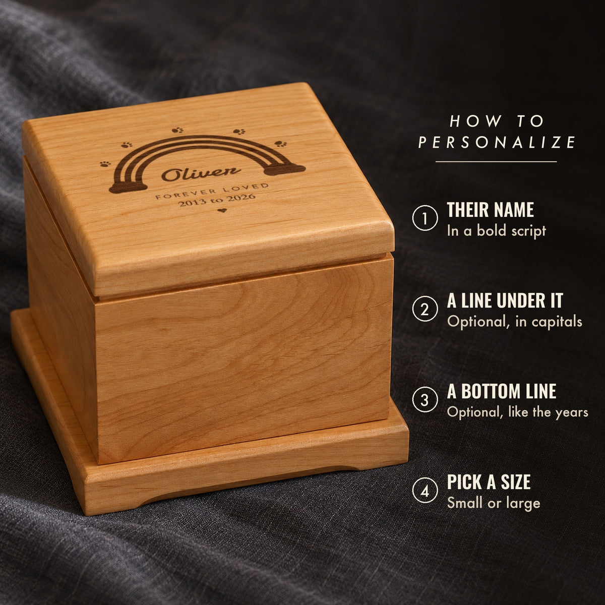 How to personalize the rainbow bridge pet urn: add your pet's name, an optional line under it and an optional bottom line, then pick a size, shown for Oliver