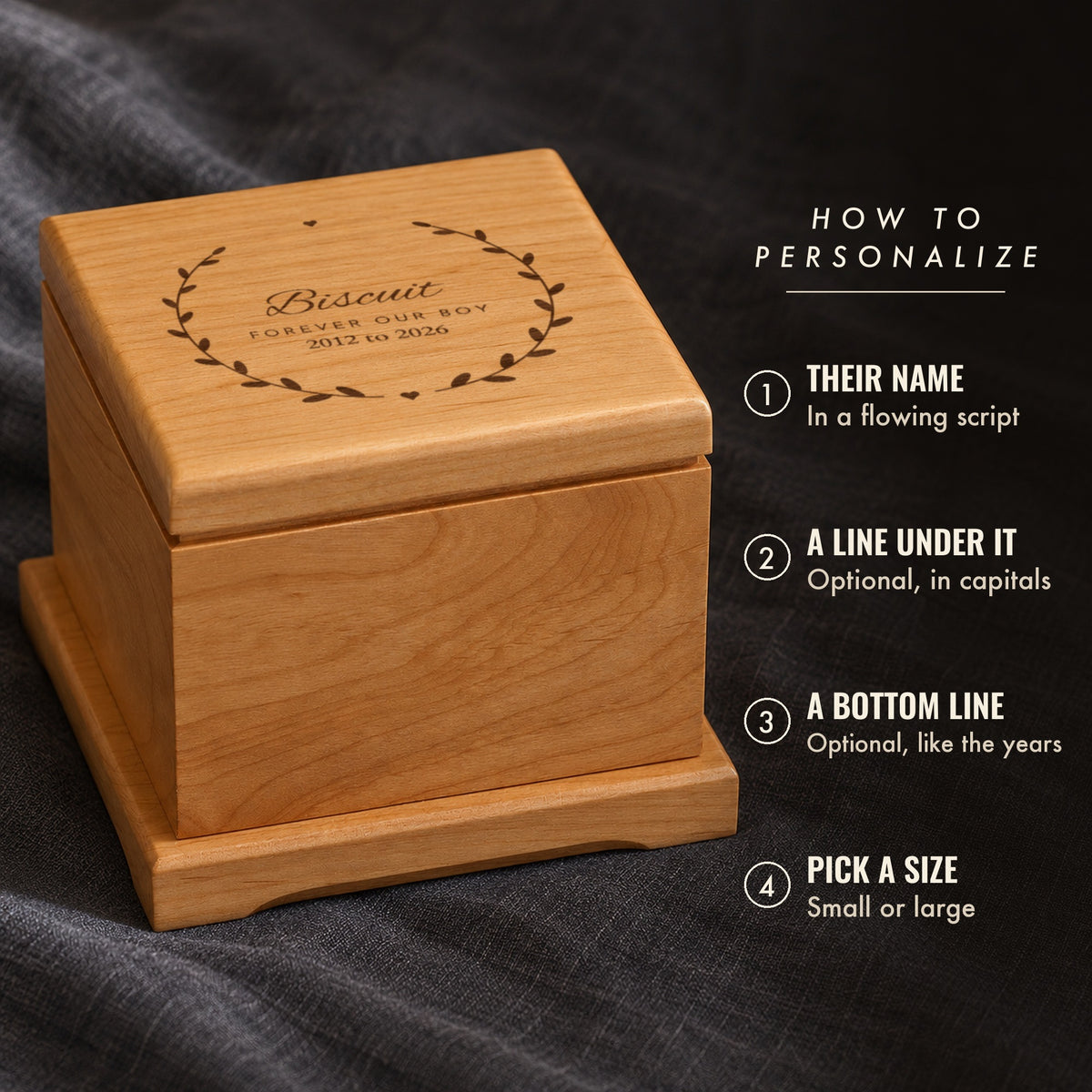 How to personalize the leaf wreath pet urn: add your pet's name, an optional line under it and an optional bottom line, then pick a size, shown for Biscuit