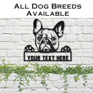 Custom metal dog breed sign with personalized text, crafted from powder-coated steel