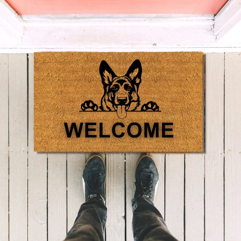 Custom dog door mat with dog breed design and welcome message