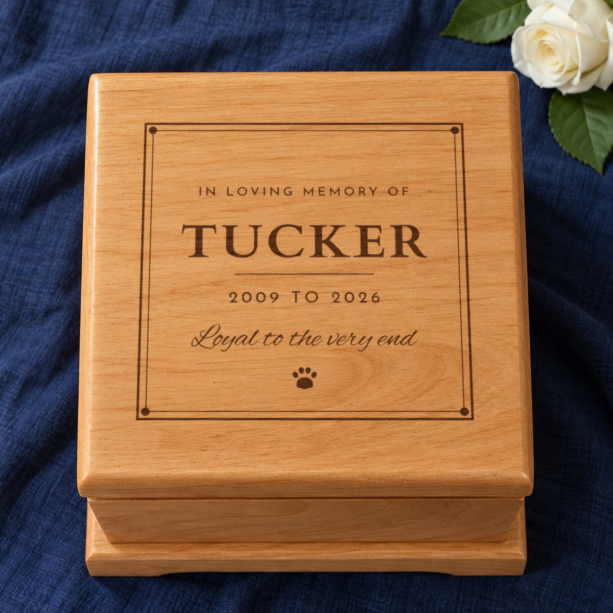 Close-up of a pet urn lid engraved In Loving Memory Of Tucker, 2009 to 2026 and Loyal to the very end inside a double frame, on navy linen with a white rose
