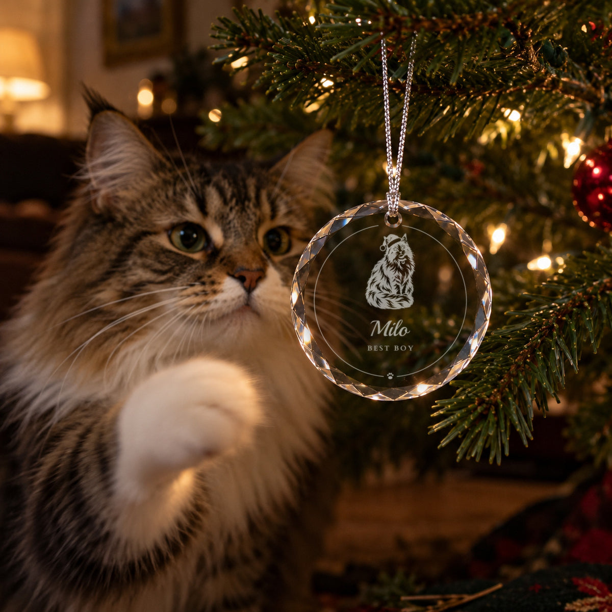 Fluffy long-haired cat reaching a paw toward a personalized cat ornament on the Christmas tree, engraved with a long-hair cat, Milo and Best Boy