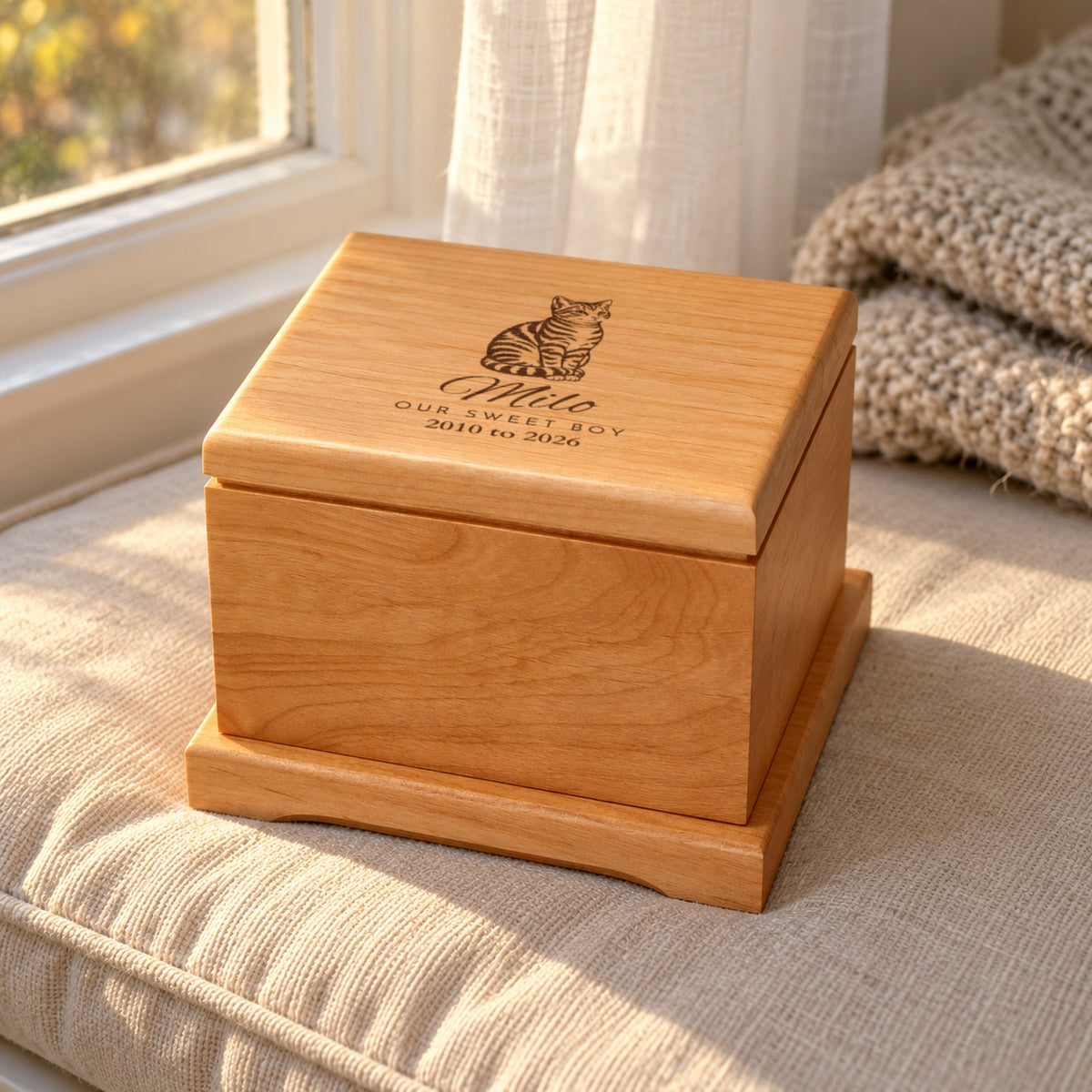 Personalized wooden cat urn on a sunny window seat cushion, the lid engraved with a short hair tabby cat drawing, Milo, Our Sweet Boy and 2010 to 2026